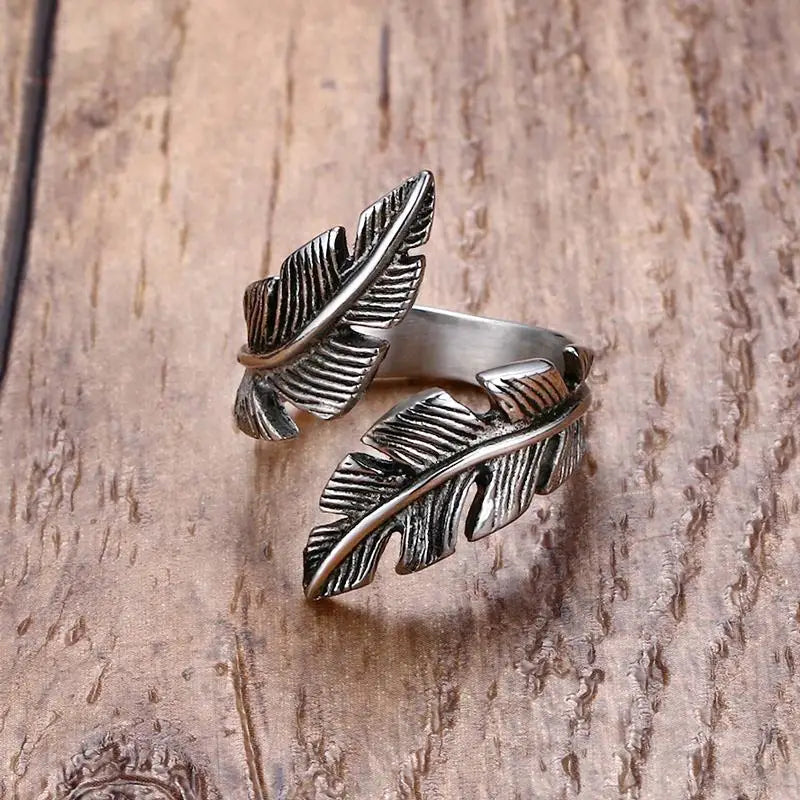 Ring Men Angel Feather Stainless Steel Vintage Feathers Wrap Punk Bike Fashion Jewelry