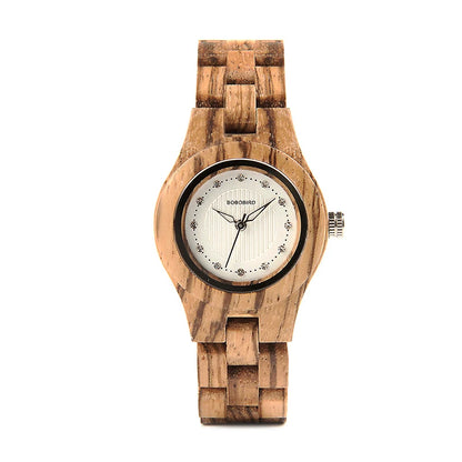 Women Watches All Zebra Wood Case Rhinestone Dial Ladies Dress Watch with Quartz in Wooden Box