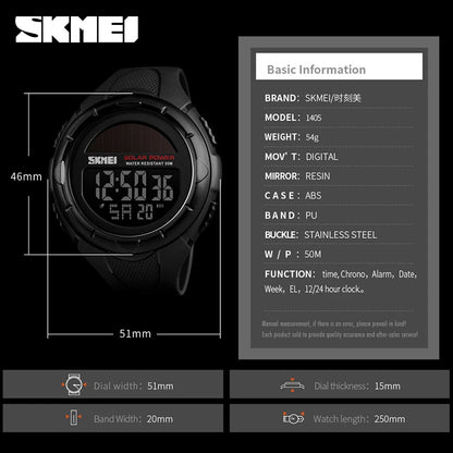 SKMEI Men Luminous Watches Sport Digital Mens Wristwatches Solar For Power Enviormentally Alarm Male Clock reloj hombre 1405