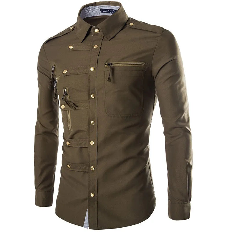 New Arrival Spring/Autumn Men Long Sleeve Cargo Shirt Casual Slim Fit Fashion Epaulet Double Pocket Mens Dress Shirt M L XL XXL