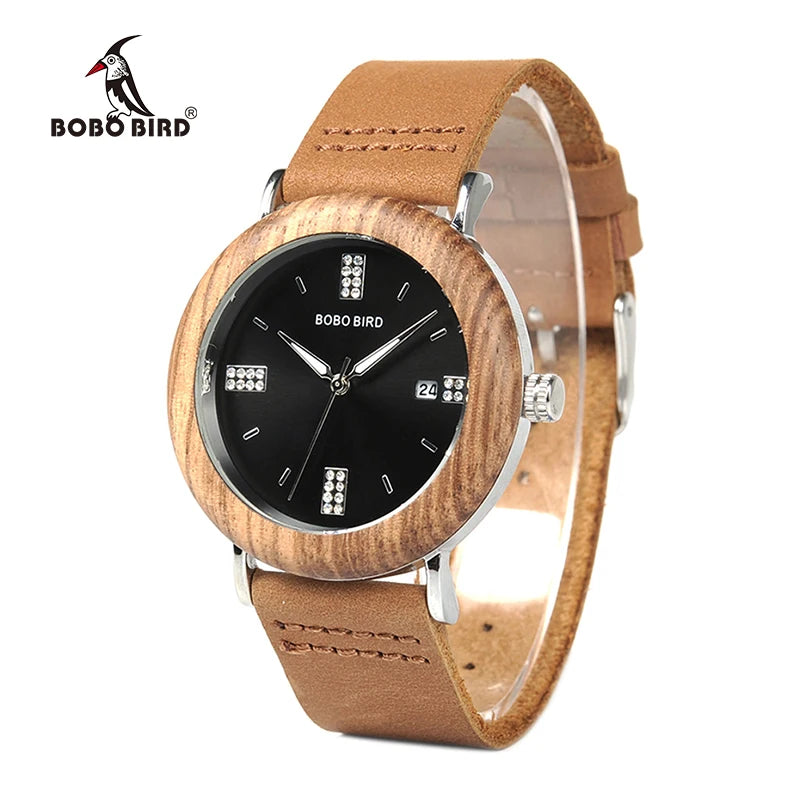 BOBO BIRD Newest Ladies Wooden Watch Calendar Date Gems Imitate Diamond Fashion Quartz Watches for Women Wood Box