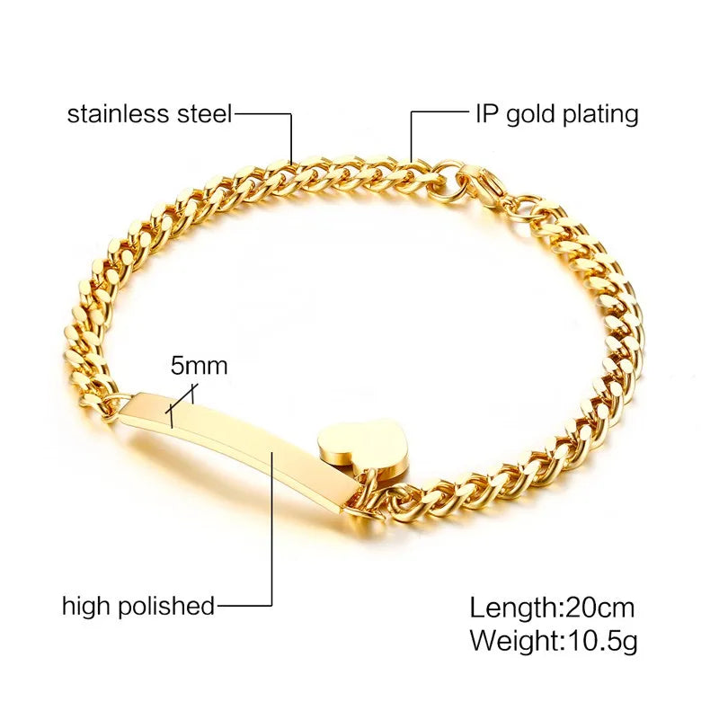 Vnox Charge Personalized Thin ID Tag Heart Bracelet Women Stainless Steel Chain Gold Black