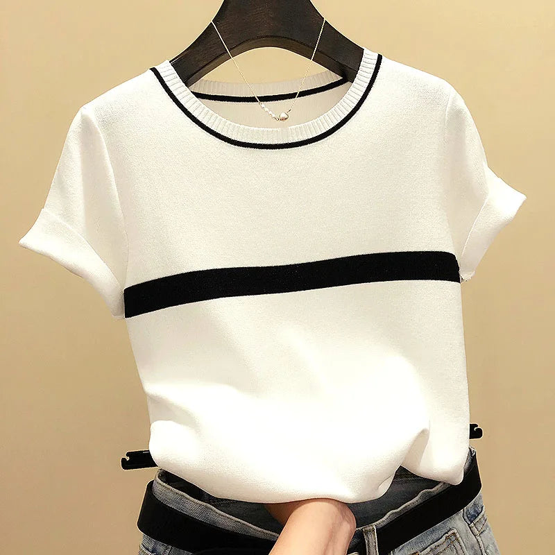 shintimes Thin Knitted T Shirt Women Clothes 2022 Summer Woman Short Sleeve Tees Tops Striped Casual T-Shirt Female Tshirt Femme