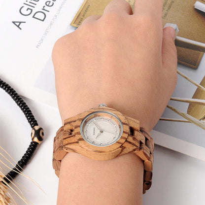 Women Watches All Zebra Wood Case Rhinestone Dial Ladies Dress Watch with Quartz in Wooden Box