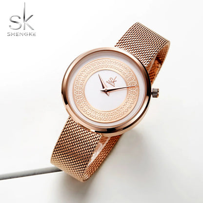 Shengke Women Watches Women Fashion Clock Vintage Design Ladies Watch Luxury Brand Classical Gold Metal Slice Zegarek Damski