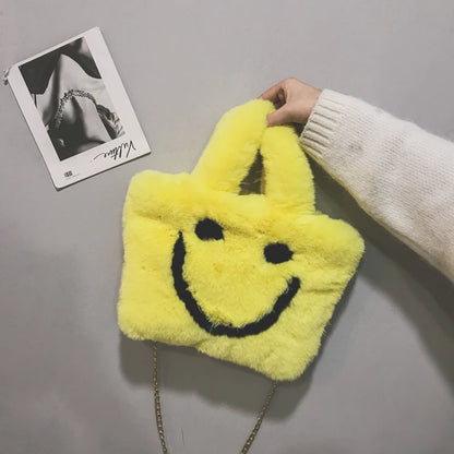 Women aplush smiley handbag buckle shoulder bag cute soft ladies chainladies faux fur bag female party little girlChristmas gift