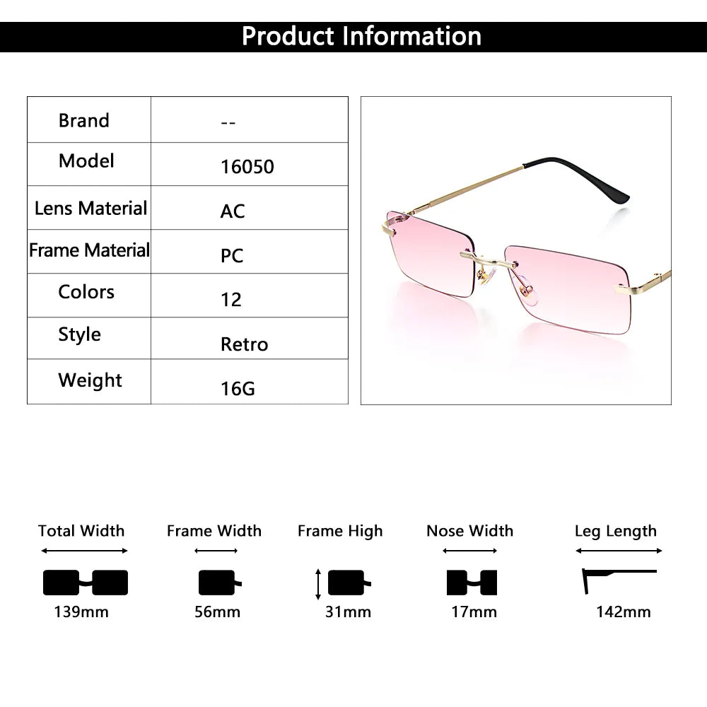 Luxury Fashion Rectangle Rimless Women Sunglasses Unisex Retro Gradient Color Eyewear UV400 Travel Vintage Sunglasses For Men