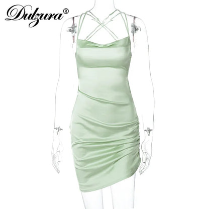 Satin Women Strap Mini Dress Ruched Lace Up Cross Bandage Backless Bodycon Sexy Party Elegant 2023 Club Christmas Slim