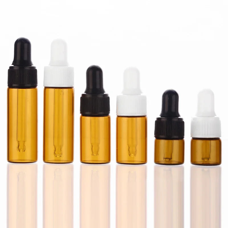 50pcs/lot 1ml 2ml 3ml 5ml Empty Dropper Bottle Portable Amber Glass bottle Esstenial Oil Bottle with Glass Eye Dropper