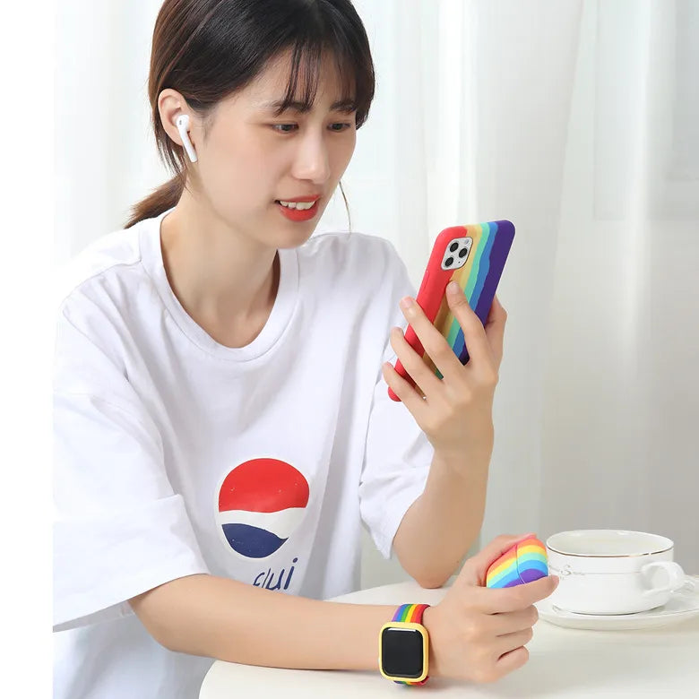 Watch Band Strap +Earphone Airpods 1/2 Case +For iPhone 12 Mini 11 Pro Max X XS MAX XR 7 8 Plus Fran-bd Rainbow Pattern Case