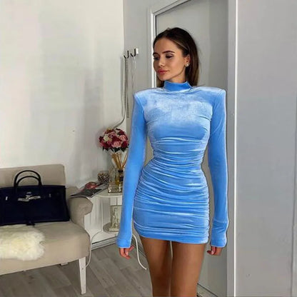 Sexy Bodycon Velvet Mini Dress Women Autumn Long Sleeve High Neck Party Dresses Female Velvet Sheath Dress Robes Vestido