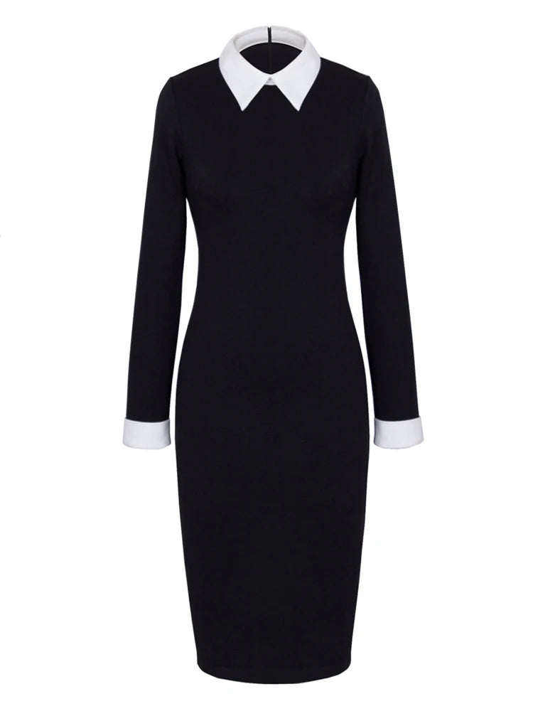 Nice-forever Career Women Autumn Turn-down Collar Fit Work Dress Vintage Elegant Business office Pencil bodycon Midi Dress