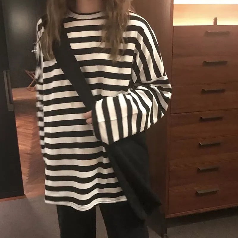 spring Autumn Women harajuku Striped Tshirt Long Sleeve O-Neck T-Shirts  Casual oversized T Shirt Femme black Tops