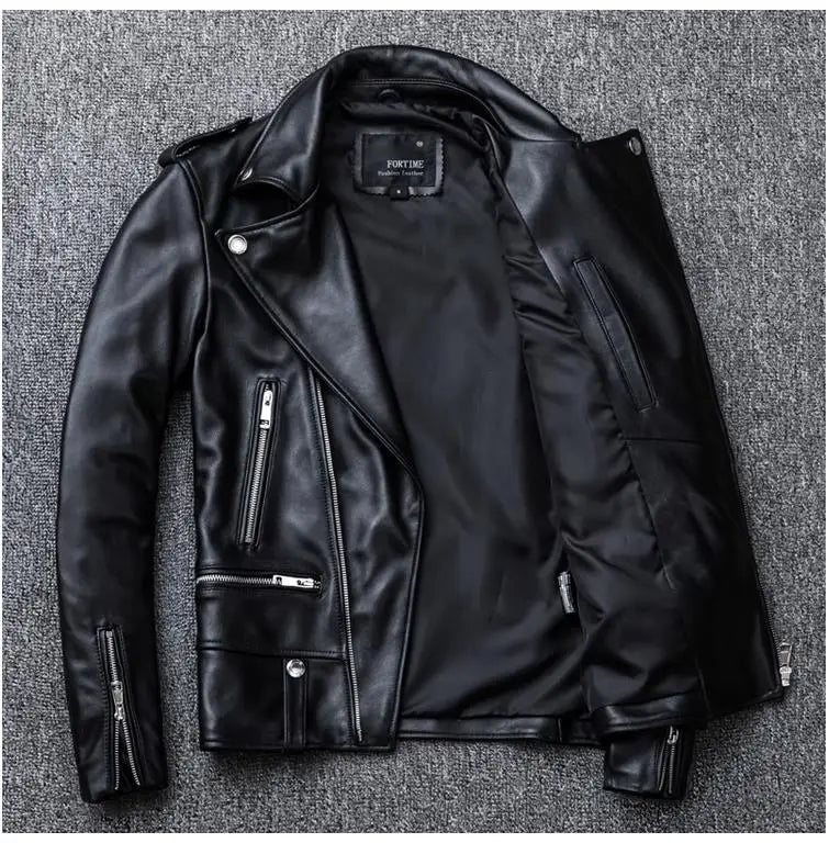 Free shipping.brand new black mens sheepskin jacket.biker soft genuine leather coat.fashion plus size style leather cloth