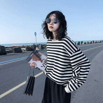 Hoodies Women Harajuku Gothic stripe cotton Hoodie Clothes Autumn long sleeve loose thin Sweatshirt kpop Tops