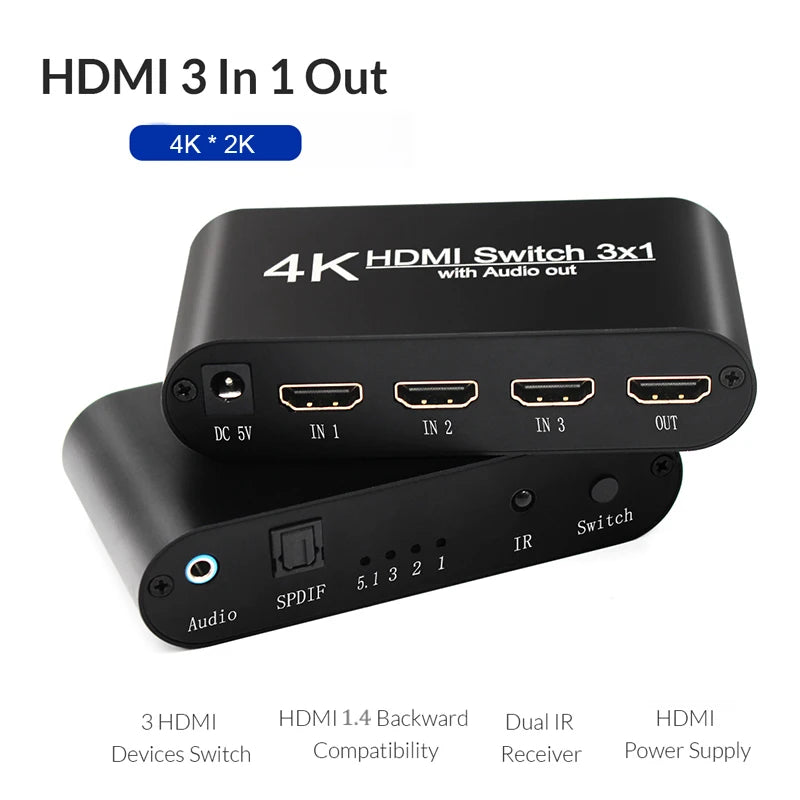 1080P HDMI to HDMI Switcher 3x1 3 In 1 Out 4K Audio Extractor with Remote Audio HDMI In SPDIF Out for TV PC Projector Camera