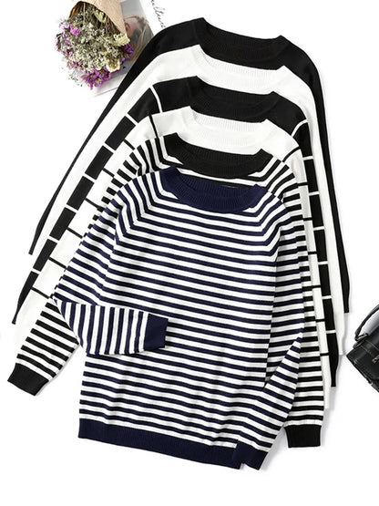 Autumn Winter Long Sleeve Striped Pullover Women Sweater Knitted Sweaters O-Neck Tops Jumper Female White