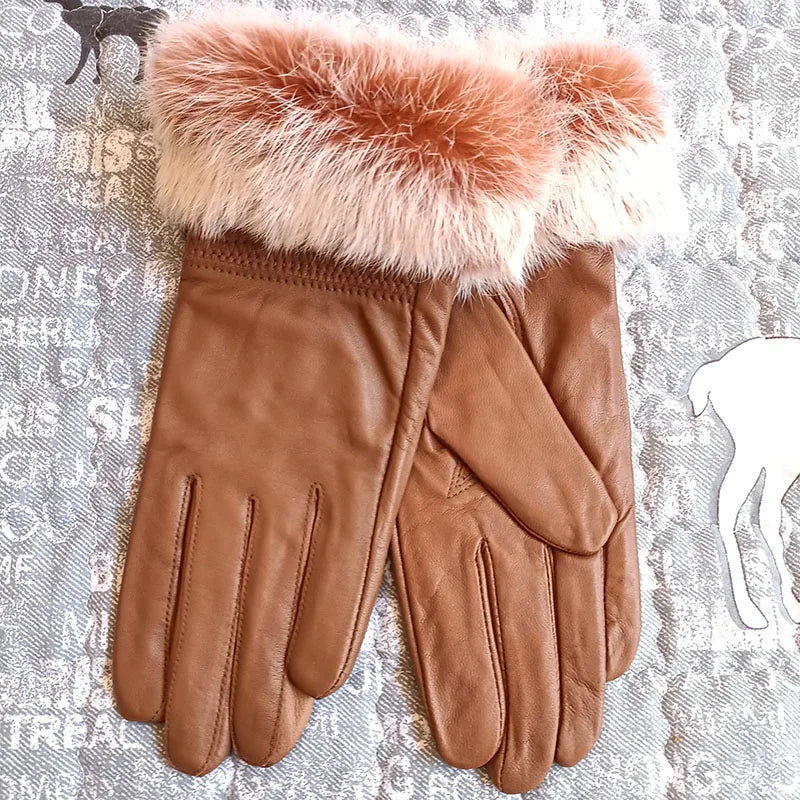 HSPL Genuine leather gloves female thickening leather gloves women's rabbit fur sheepskin thermal gloves