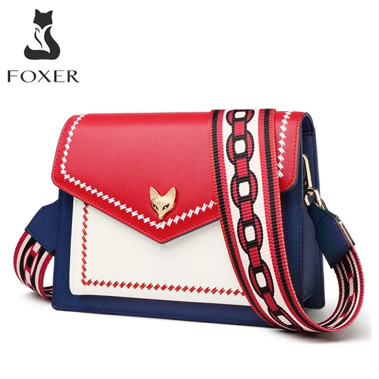 FOXER Brand Women Messenger Crossbody Bag Lady Colorful Panelled Flap Designer Shoulder Bag Small Split Leather Purse for Female