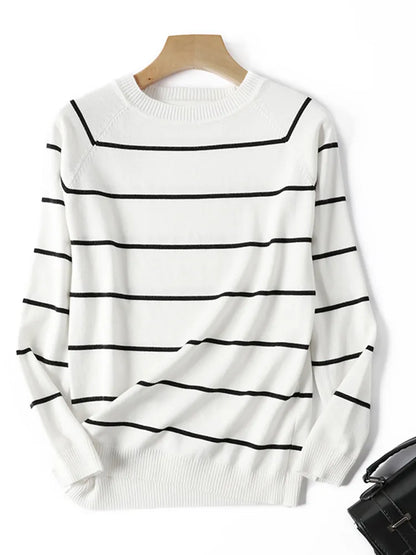 Autumn Winter Long Sleeve Striped Pullover Women Sweater Knitted Sweaters O-Neck Tops Jumper Female White