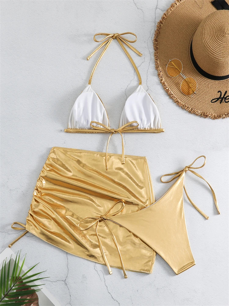 Bikini Women Swimsuit 2024 New Gold Halter Lace Up Bikinis Set Sexy Swimwear Beach Cover Up 3 Piece Beach Bathing Suit Female