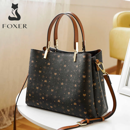 FOXER Business Lady Elegant Handbag Large Capacity Commuter Tote Style Signature Bag Women's Monogram PVC Shoulder Crossbody Bag