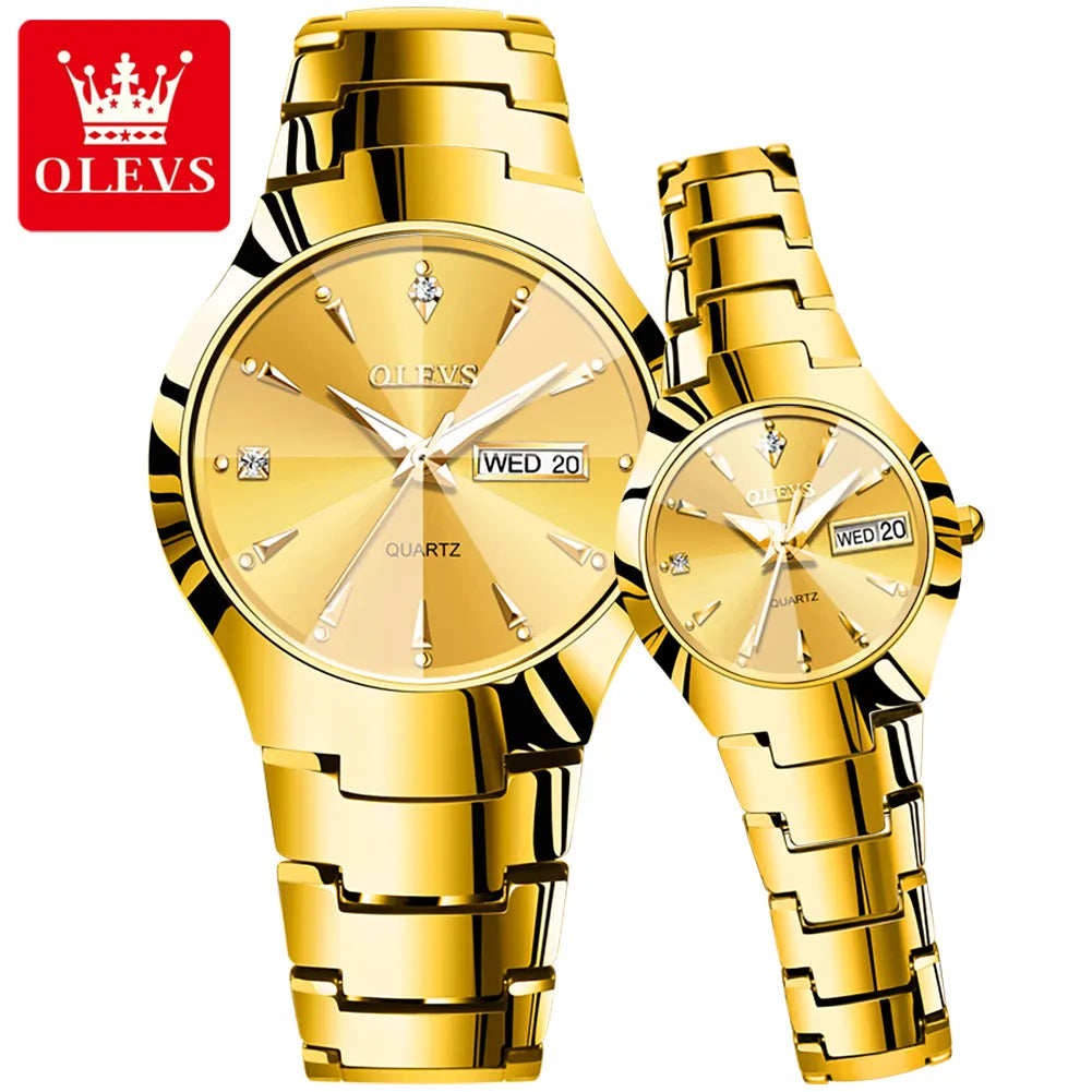 New Luxury Couple Watch for Men and Women Tungsten Steel Week Calendar Gold Quartz Watches Fashion Lovers Watches