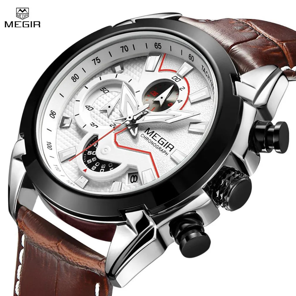 MEGIR Military Sport Watch for Men Top Brand Luxury Watches Leather Strap Quartz Wristwatch Man Clock Chronograph Reloj Hombre