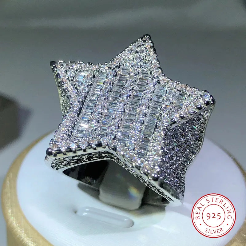 925 Silver Luxury Star Diamond Rings For Man/women Solid White /Yellow Gold Rings Shine Hiphop Jewlery Gifts