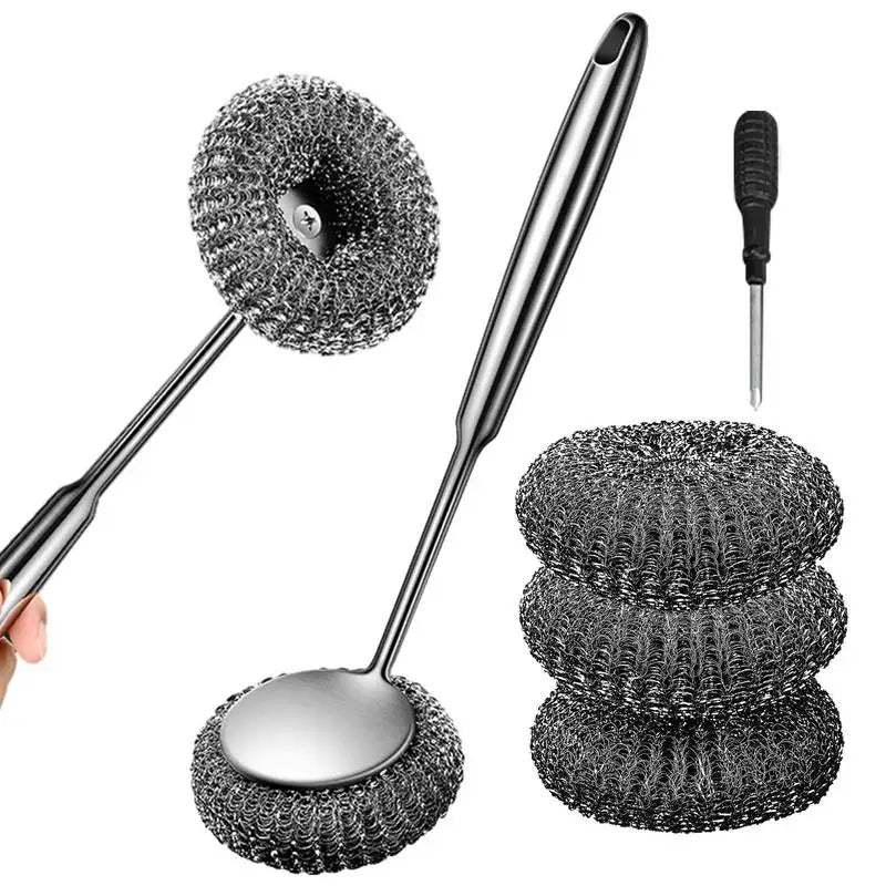 Stainless Steel Wool Scrubber Dish Scrubber Brush With Handle For Cleaning Dishes Durable Brush With Strong Cleaning Ability