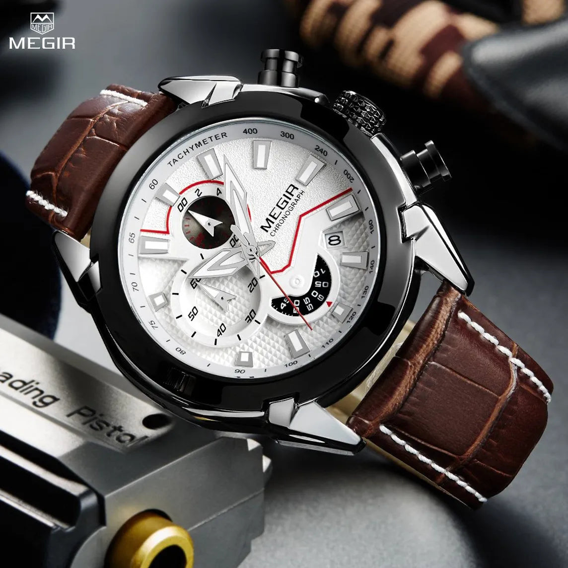 MEGIR Military Sport Watch for Men Top Brand Luxury Watches Leather Strap Quartz Wristwatch Man Clock Chronograph Reloj Hombre