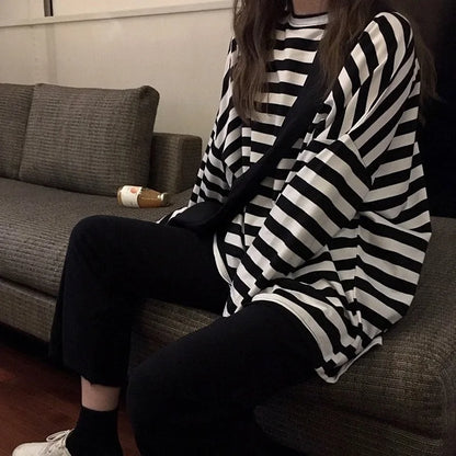 spring Autumn Women harajuku Striped Tshirt Long Sleeve O-Neck T-Shirts  Casual oversized T Shirt Femme black Tops