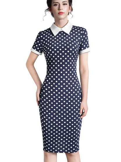 Nice-forever Career Women Autumn Turn-down Collar Fit Work Dress Vintage Elegant Business office Pencil bodycon Midi Dress