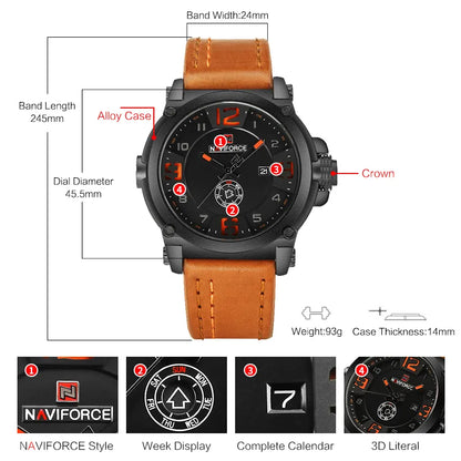 NAVIFORCE Top Luxury Brand Men Sports Military Quartz Watch Man Analog Date Clock Leather Strap Wristwatch Relogio Masculino