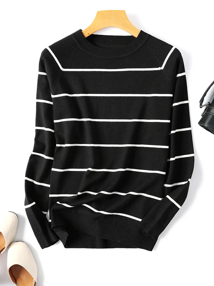 Autumn Winter Long Sleeve Striped Pullover Women Sweater Knitted Sweaters O-Neck Tops Jumper Female White