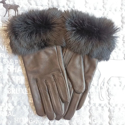 HSPL Genuine leather gloves female thickening leather gloves women's rabbit fur sheepskin thermal gloves