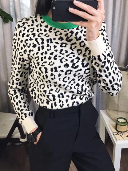 Autumn Winter Women Sweaters Leopard Knitted Pullovers Long Sleeve Contrast Color Crewneck Jumpers Sweter
