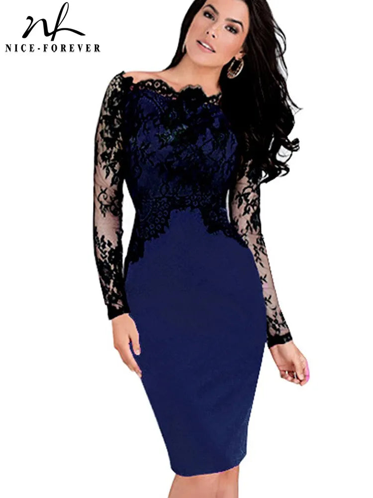 Nice-forever Off-Shoulder Gorgeous Vintage Dress Sexy Slash Neck Lace Top Long Sleeve Zipper Club wear Casual Pencil dress