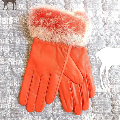 HSPL Genuine leather gloves female thickening leather gloves women's rabbit fur sheepskin thermal gloves