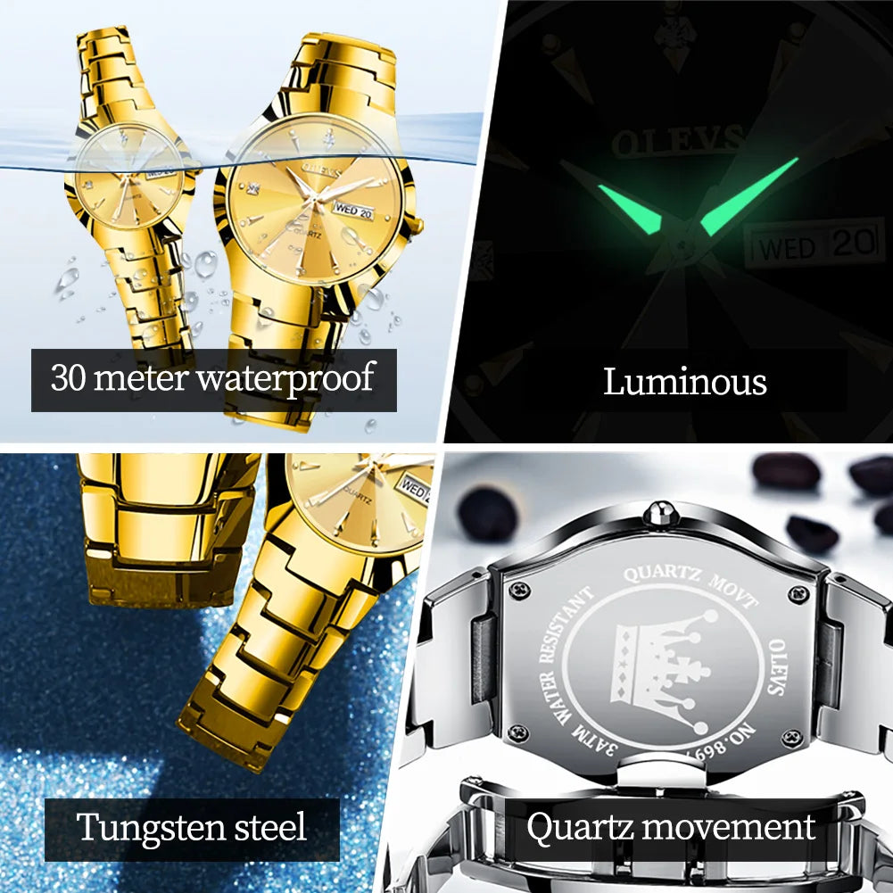 New Luxury Couple Watch for Men and Women Tungsten Steel Week Calendar Gold Quartz Watches Fashion Lovers Watches