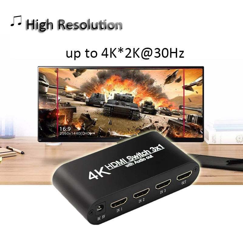 1080P HDMI to HDMI Switcher 3x1 3 In 1 Out 4K Audio Extractor with Remote Audio HDMI In SPDIF Out for TV PC Projector Camera