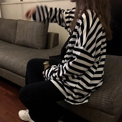 spring Autumn Women harajuku Striped Tshirt Long Sleeve O-Neck T-Shirts  Casual oversized T Shirt Femme black Tops