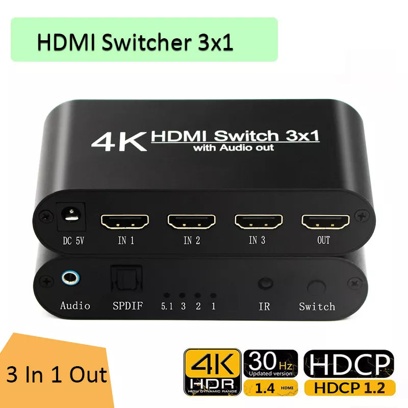 1080P HDMI to HDMI Switcher 3x1 3 In 1 Out 4K Audio Extractor with Remote Audio HDMI In SPDIF Out for TV PC Projector Camera