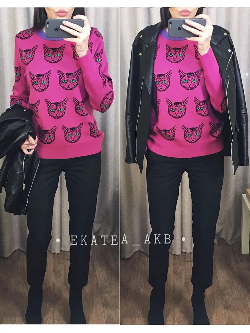 High Quality Runway Designer Cat Print Knitted Sweaters Pullovers Women Autumn Winter Long Sleeve Harajuku Sweet Jumper C-054