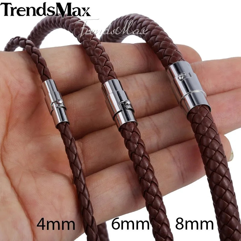 Man-made Leather Necklace Choker Black Brown Braided Rope Chain for Men Boy Male Jewelry Gifts collier homme Magnetic UNM27